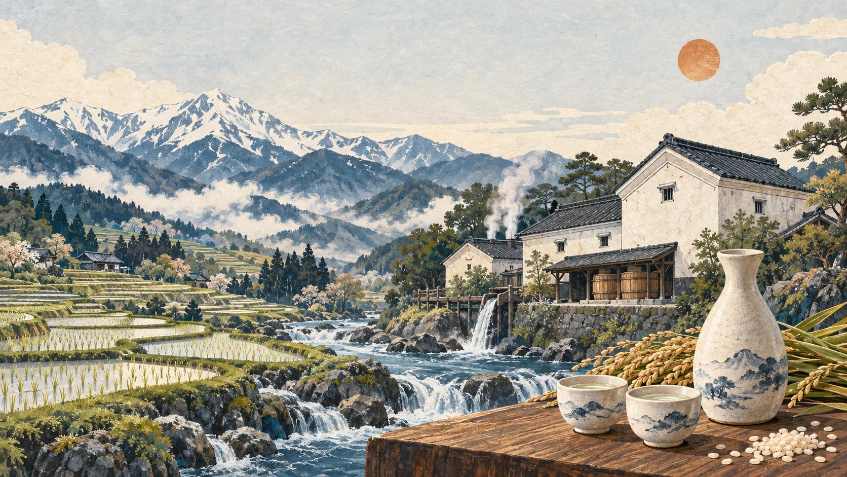 Indigo and ivory illustration of snowy mountains, rice fields, flowing water and a traditional sake brewery, with a ceramic sake flask, cups and rice stalks in the foreground.